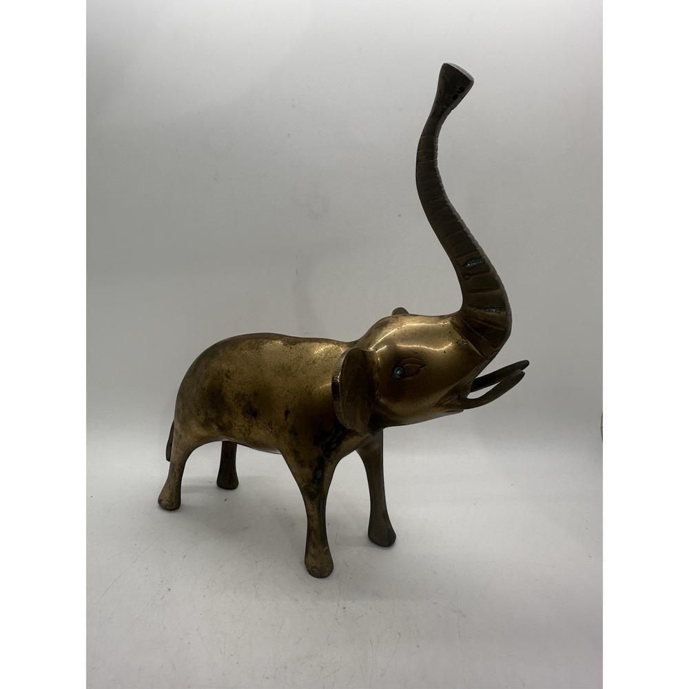 Vintage Solid Brass Elephant Figurine Statue Raised Trunk India 8.5" Decor Heavy